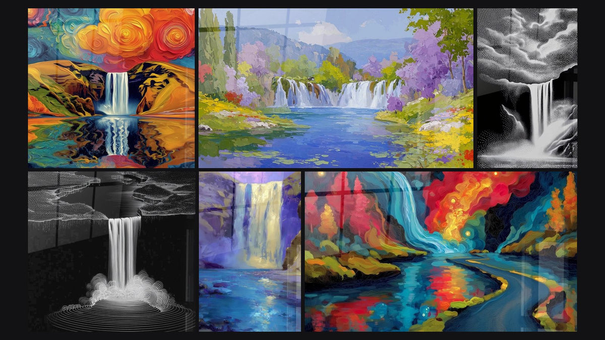Mosaïque de six tableaux, dont Cascade majestueuse, Cascade naturelle et Cascade chute d'eau