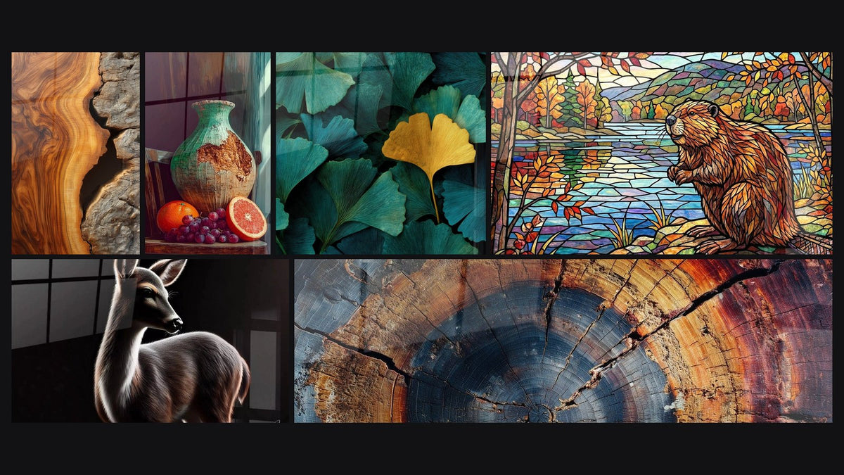 Mosaico de seis cuadros, entre ellos Madera Natural y Piedra Bruta Orgánica, Naranja y Patina y Resplandores de la Naturaleza