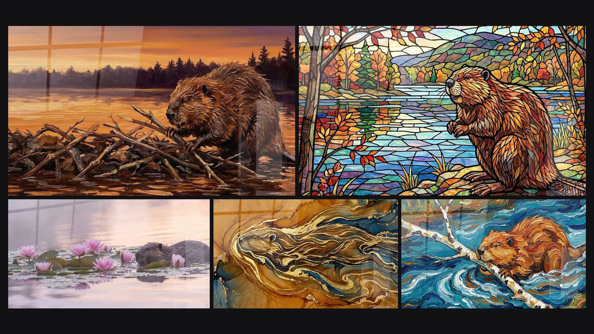 Mosaïque de cinq tableaux, dont Castor Roux dans les Eaux Tourbillonnantes
