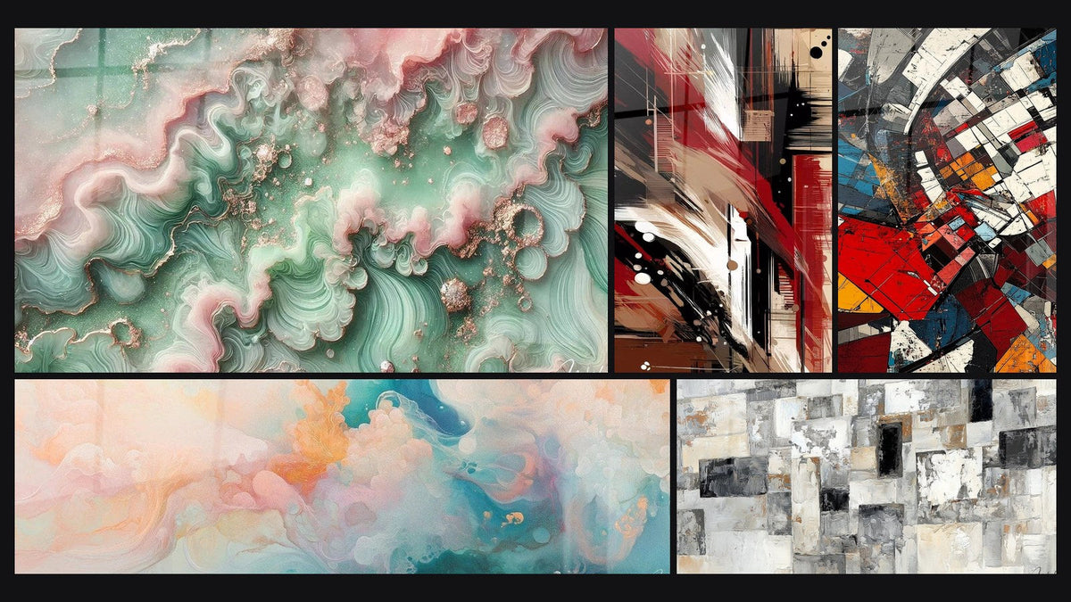 Mosaico de cinco cuadros, entre ellos Bruma Esmeralda, Desorden Estructurado y Nubes Flotantes Rosado