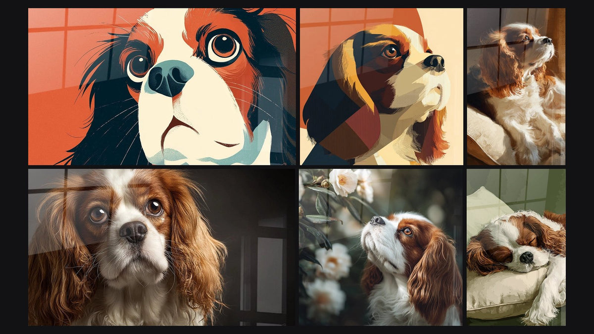 Mosaïque de six tableaux, dont Portrait Cavalier King Charles Géométrique