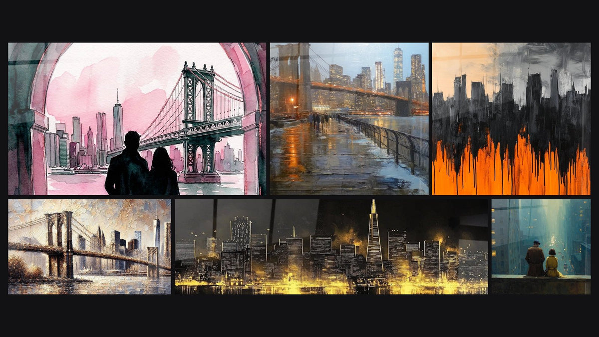 Mozaïek van zes schilderijen, waaronder Brooklyn Bridge Nr. 1, Brooklyn Bridge in de regen en Gouden Wachters Gebouwen