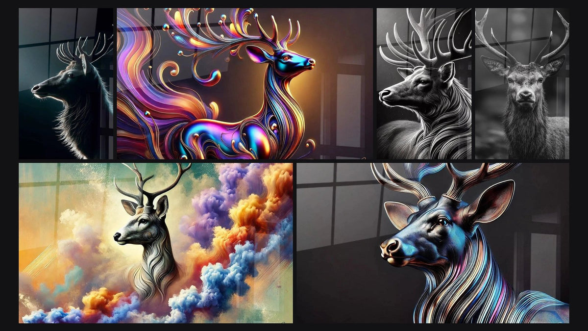 Mosaïque de six tableaux, dont Gloire du Cerf, Aura Spectrale du Cerf- Édition Animaux et L'Élégance du Cerf