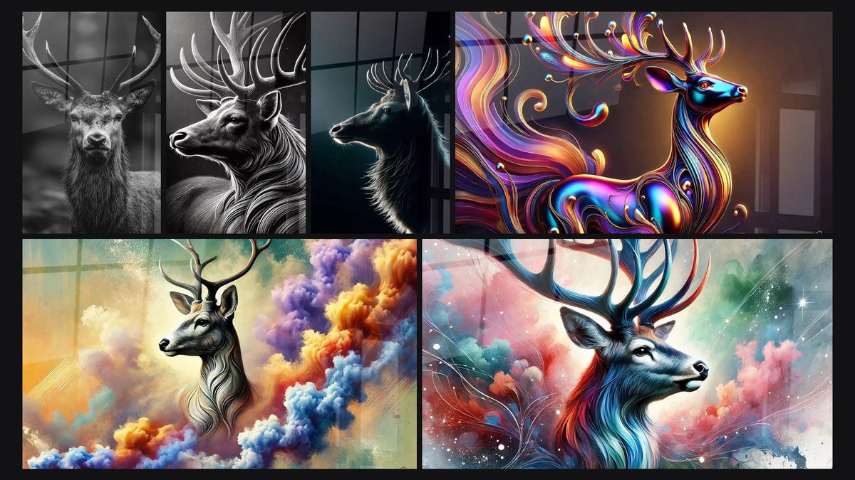 Mosaïque de six tableaux, dont Cerf Majestueux, Le Cerf Monarque et Gloire du Cerf