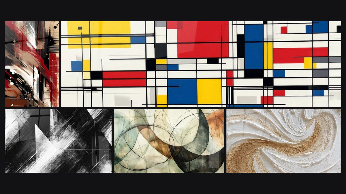Mosaïque de cinq tableaux, dont Désordre Structuré, Points de Convergence et Les Liens Invisibles