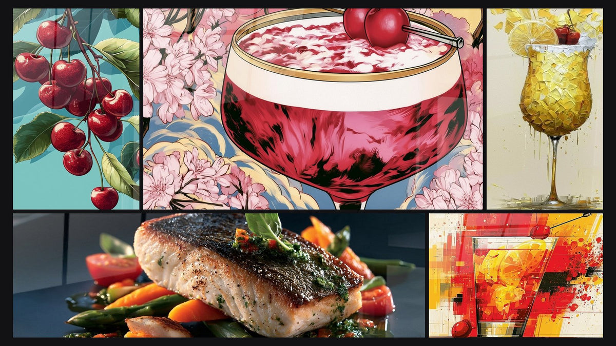 Mosaïque de cinq tableaux, dont Cerise N°1, Cocktail rouge et rose aux cerises et Filet de poisson noir et orangé grillé