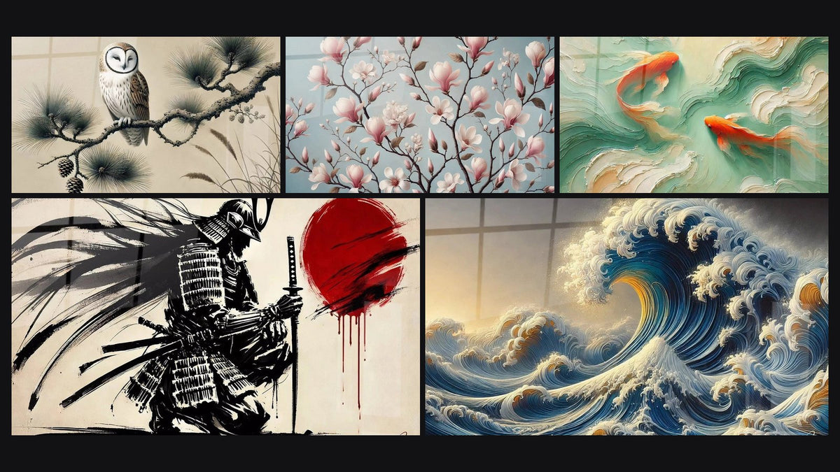 Mosaic of five paintings, including Owl Under the Pines, Elegant Floral and Koi in Symbiosis