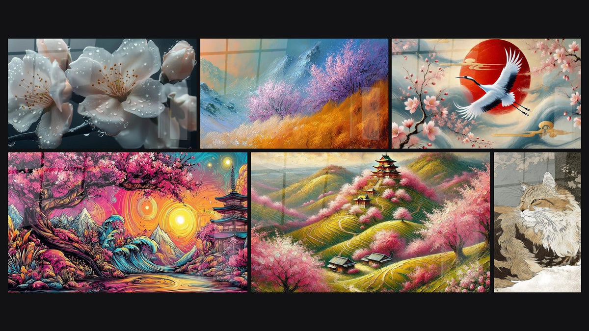 Mosaïque de six tableaux, dont Fleur de cerisier N°2, Paysage japonais cerisiers et Cerisier Japonais N°1