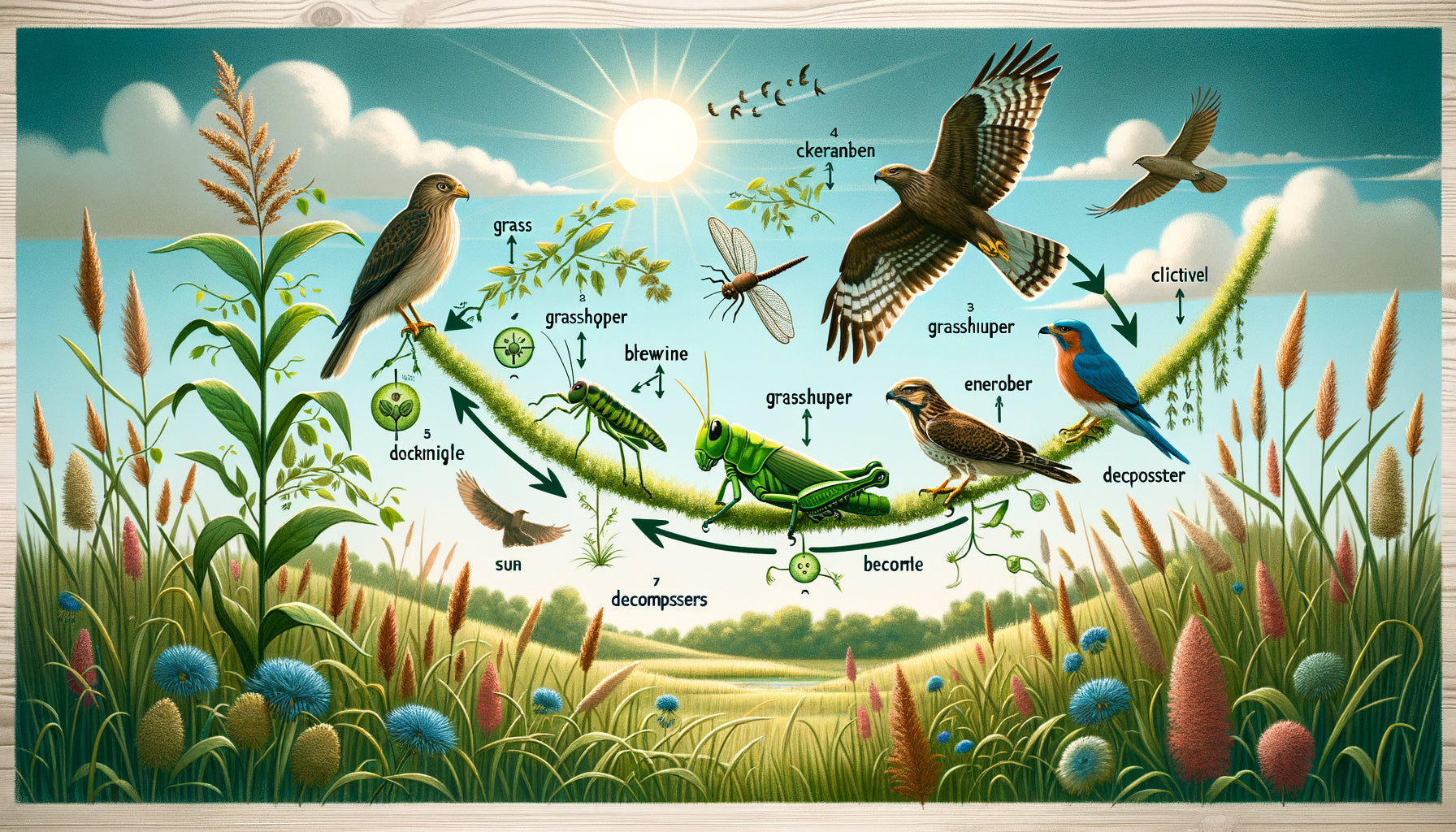 Tableau pédagogique de chaîne alimentaire illustrant l'écosystème avec animaux et flèches de flux énergétique