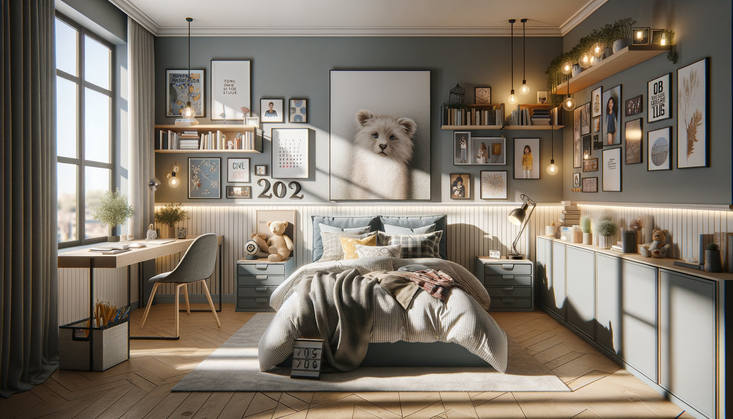 Chambre d'adolescent contemporaine avec tableau 60x40 cm au mur illustrant transition vers style mature
