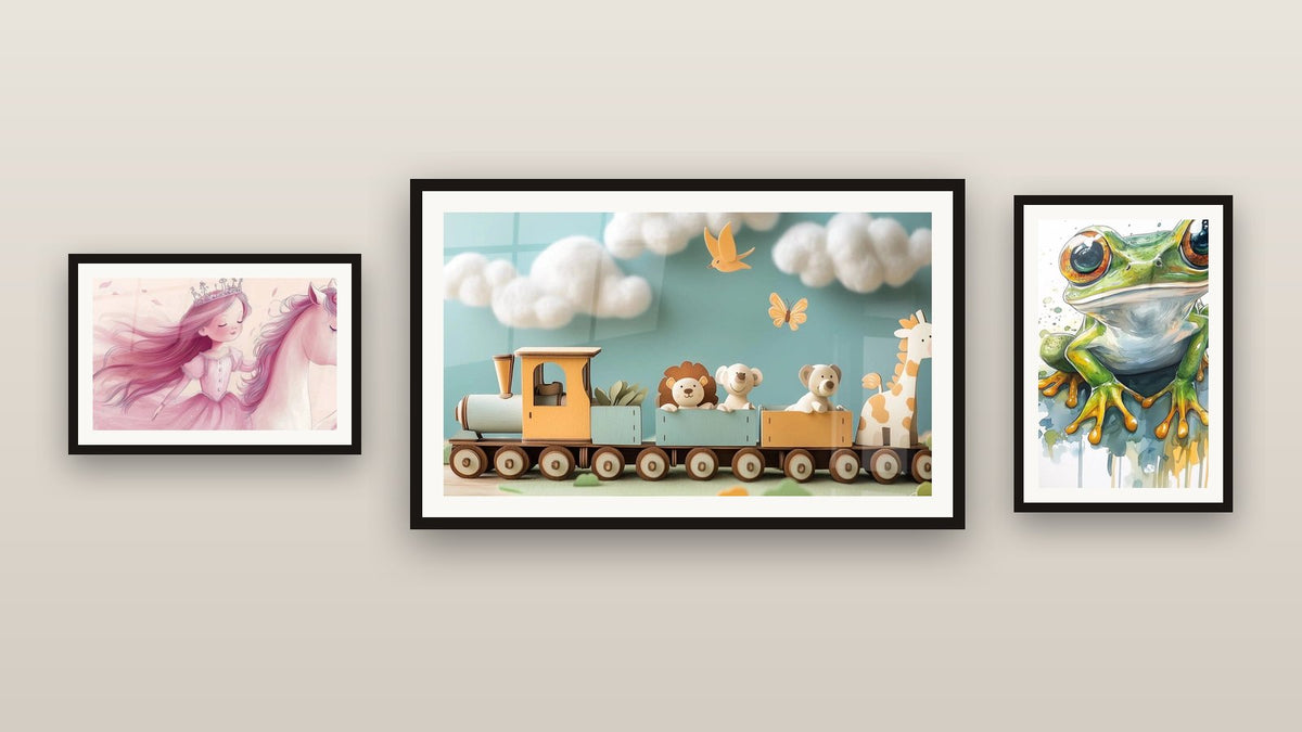 Gallery wall with three framed paintings, including Kids Wall Art No. 10 and Princess Wall Art N°1