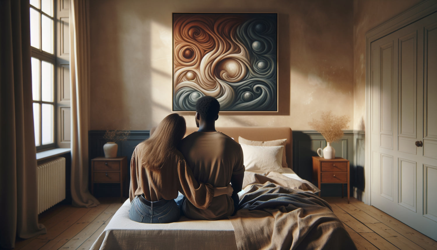 Couple contemplant ensemble un tableau abstrait dans leur chambre, moment de connexion et dialogue intime