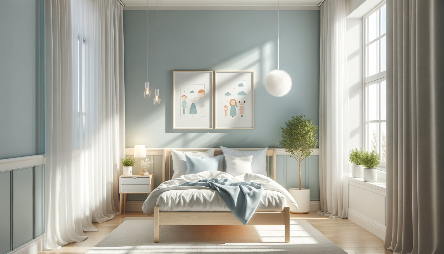 Chambre d'enfant lumineuse et épurée avec tableau décoratif au mur, environnement sain et anti-acariens pour enfant asthmatique