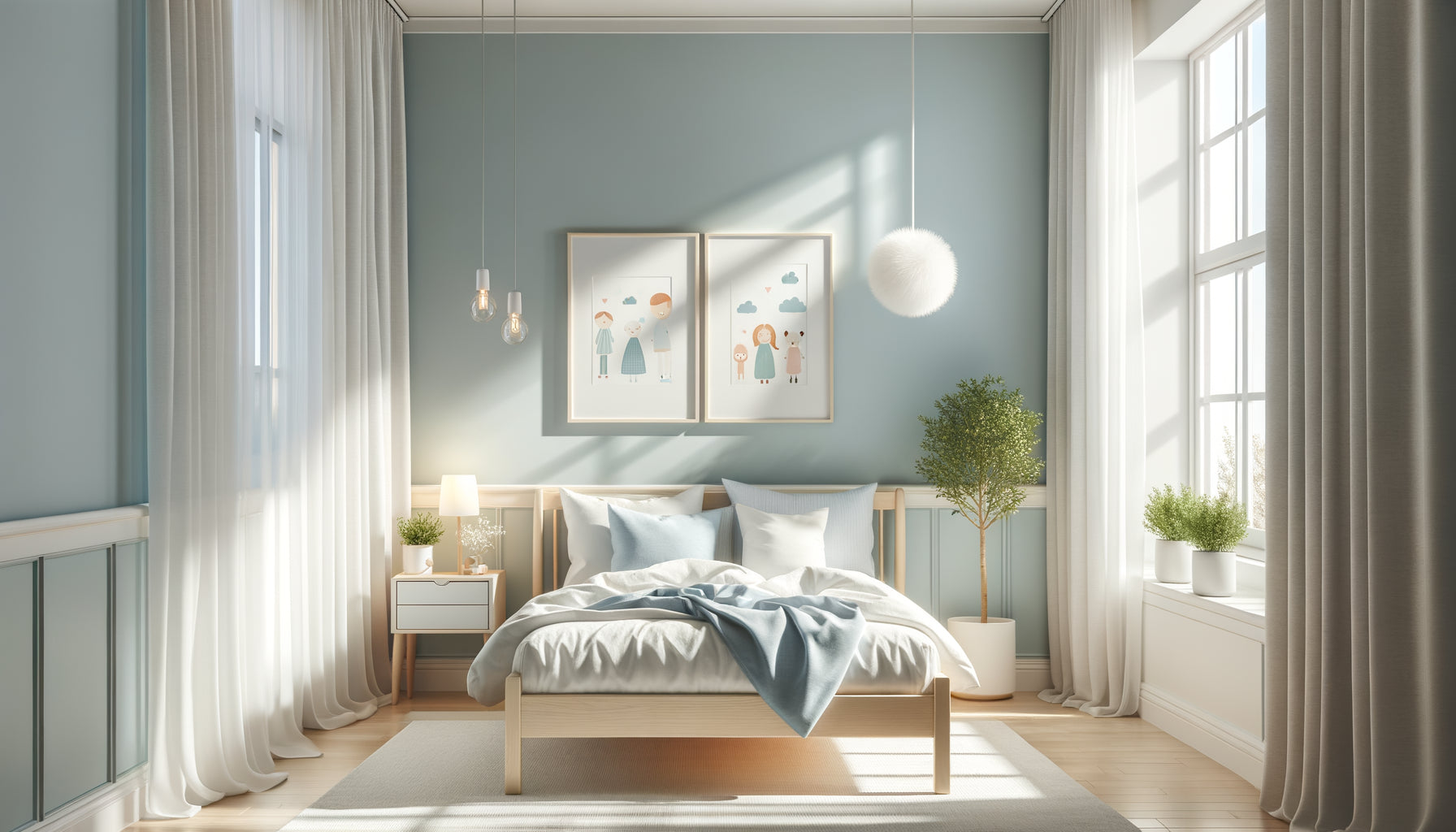 Chambre d'enfant lumineuse et épurée avec tableau décoratif au mur, environnement sain et anti-acariens pour enfant asthmatique