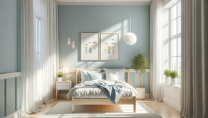 Chambre d'enfant lumineuse et épurée avec tableau décoratif au mur, environnement sain et anti-acariens pour enfant asthmatique