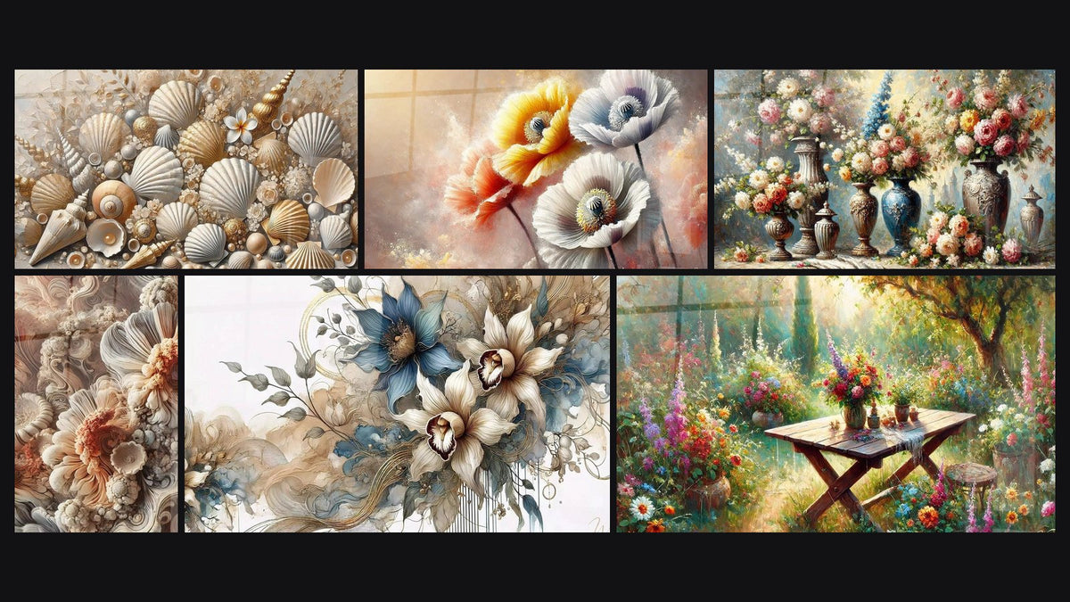 Mosaik aus sechs Gemälden, darunter Juwelen des Sandes, Vergängliche Schönheit und Florale Harmonie
