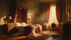 Peinture symboliste fin 19ème d'une chambre intime aux draps froissés, lumière dorée suggérant la passion par l'atmosphère