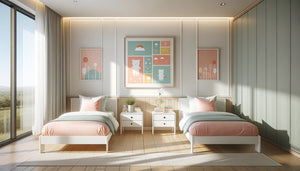 Chambre de jumeaux contemporaine avec deux lits et tableau décoratif aux proportions harmonieuses selon la règle des deux tiers