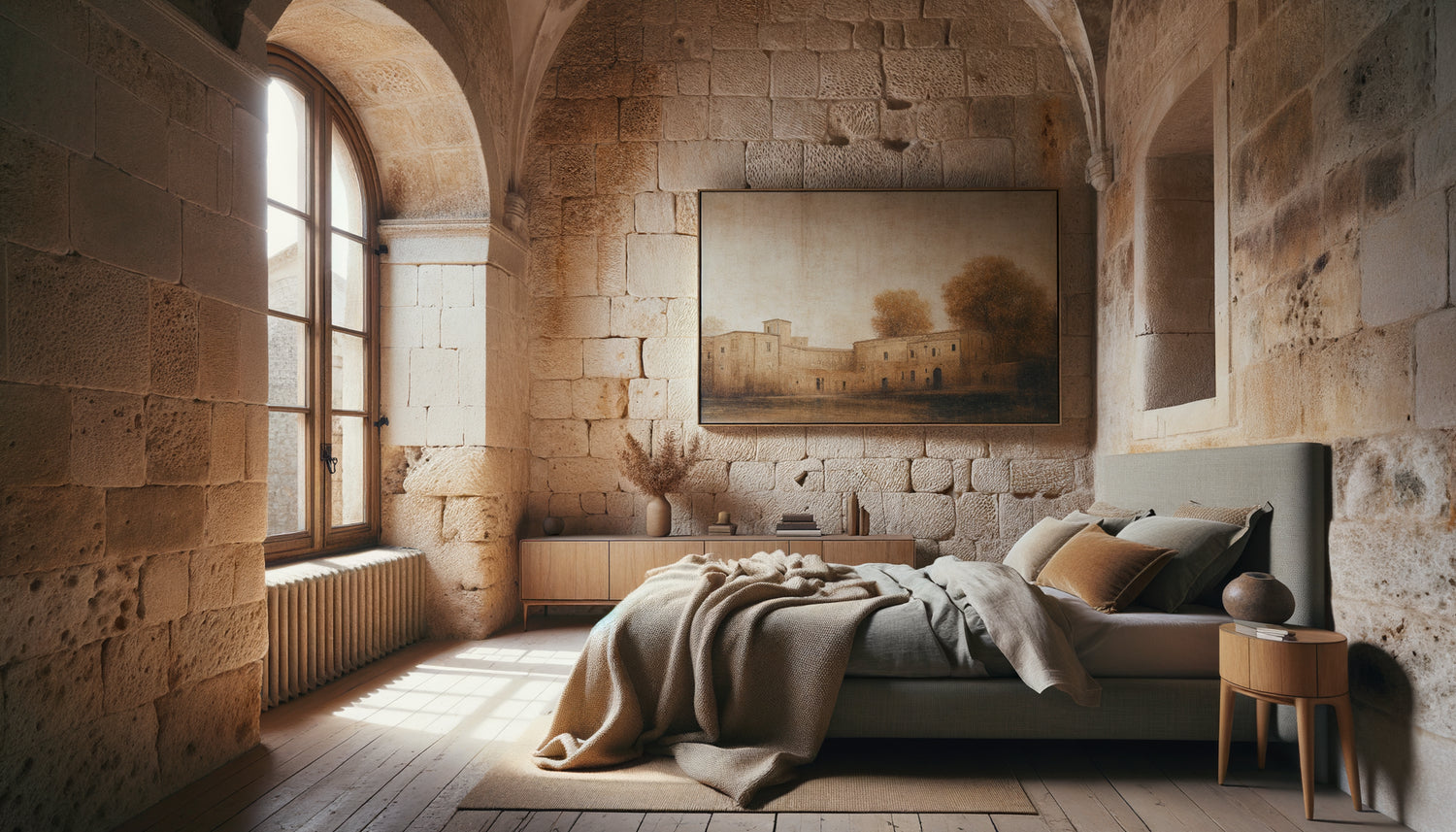 Chambre élégante dans maison ancienne en pierre avec tableau valorisant le mur authentique