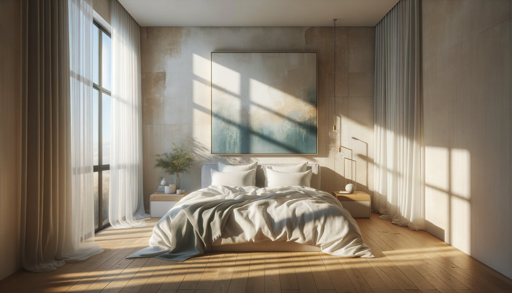 Chambre contemporaine orientée sud baignée de lumière naturelle avec tableau aux tons frais valorisant l'ambiance lumineuse