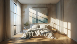 Chambre contemporaine orientée sud baignée de lumière naturelle avec tableau aux tons frais valorisant l'ambiance lumineuse