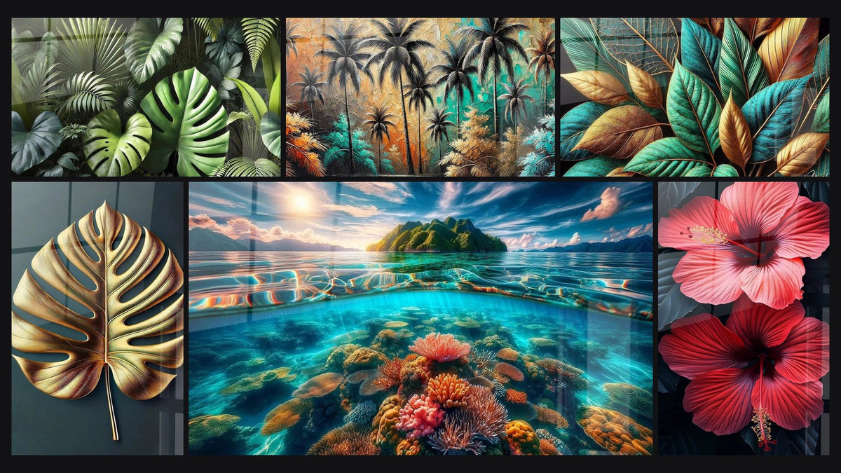 Mosaïque de six tableaux, dont Forêt de Feuilles, Jungle de Couleurs et Feuilles d'émeraude