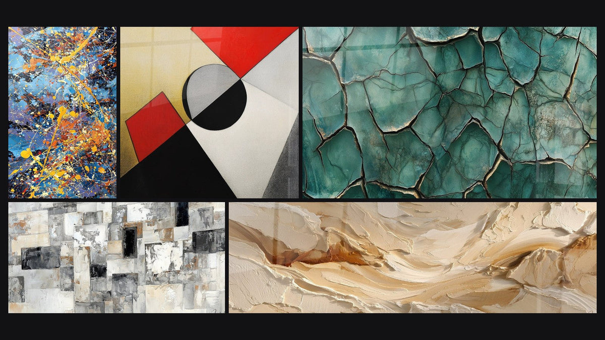 Mosaïque de cinq tableaux, dont Explosion de couleurs, Formes géométriques colorées et Abstrait Mosaïque Grise et Beige