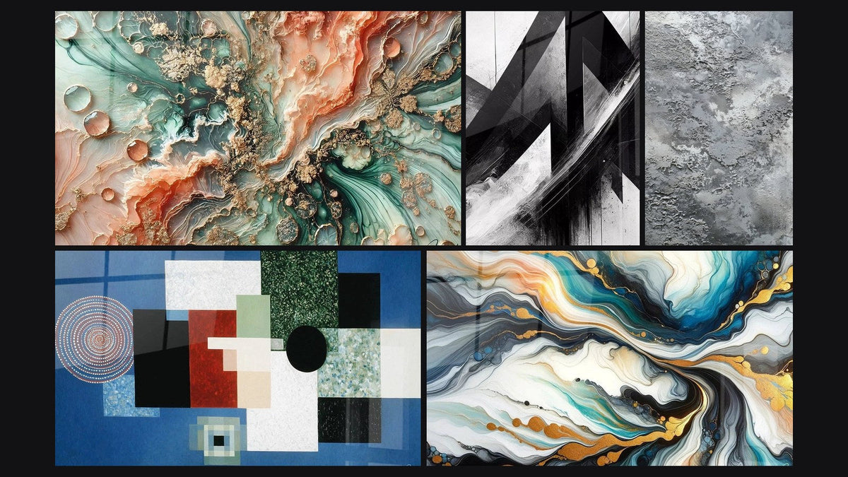 Mosaïque de cinq tableaux, dont Rêve Coralien, Trajectoires Fracturées et Composition Géométrique Ordre Rationnel