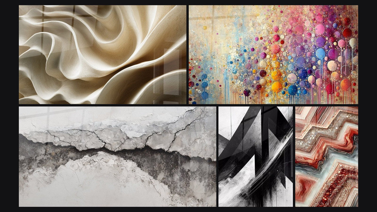 Mosaïque de cinq tableaux, dont Mosaïque de Sphères, Trajectoires Fracturées et Fusion Géométrique