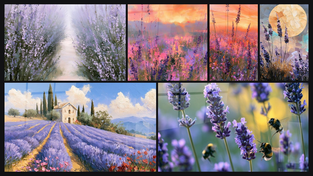 Mosaik aus sechs Gemälden, darunter Lavendelfeld lila Nebelallee Morgentau und Lavendelfeld in Orange-Violett-Tönen