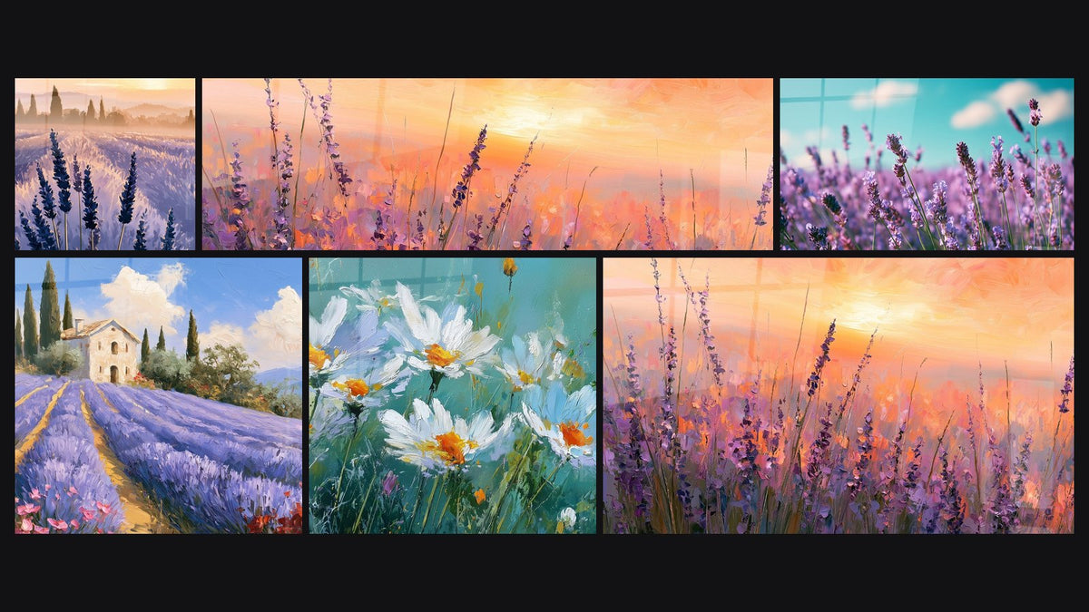 Mosaic of six paintings, including Purple and Gold Lavender Field and Purple and Gold Field Near a Mas
