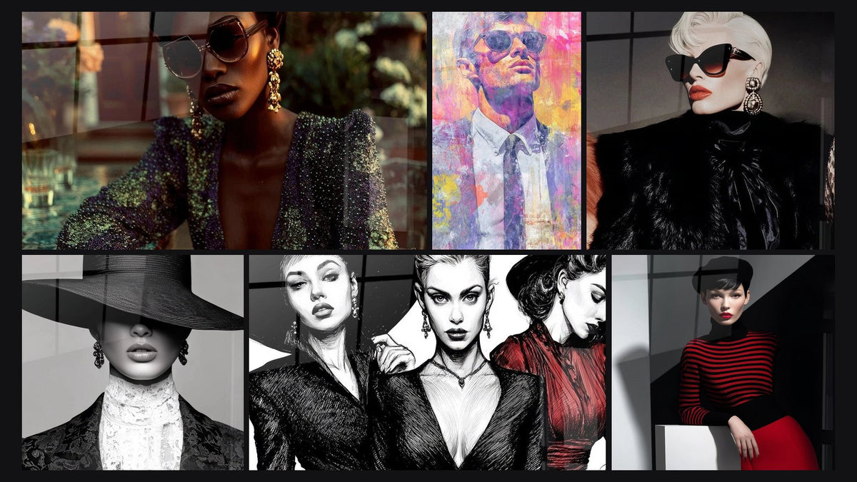 Mosaïque de six tableaux, dont Femme Luxe, Gentleman Moderne et Glamour Noir