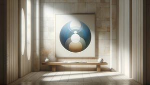 Intérieur épuré de chapelle avec tableau contemplatif aux tons apaisants, lumière naturelle douce, atmosphère propice au recueillement