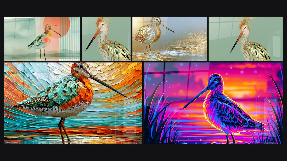 Mosaïque de six tableaux, dont Bécasse au long bec devant soleil corail et Bécasse au long bec doré et vert sauge