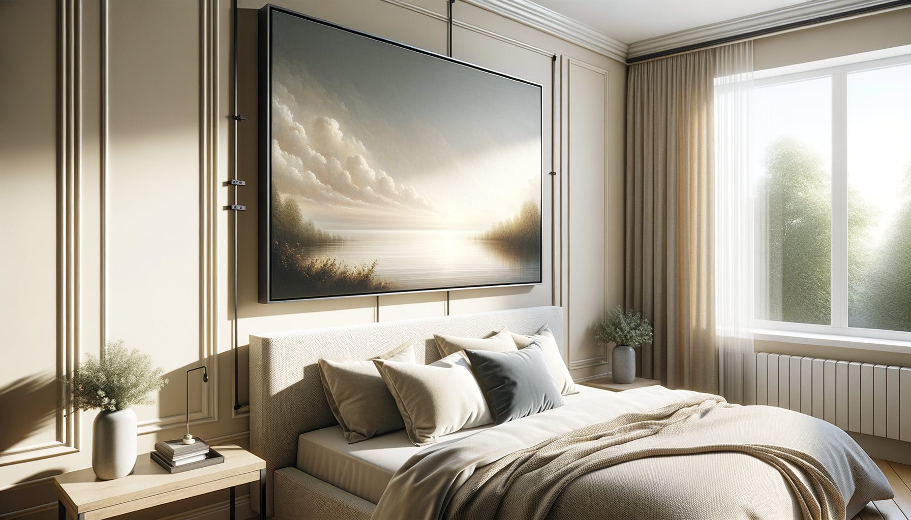 Vue latérale d'un tableau sur châssis épais accroché au-dessus d'un lit montrant la saillie du cadre et l'espace de sécurité