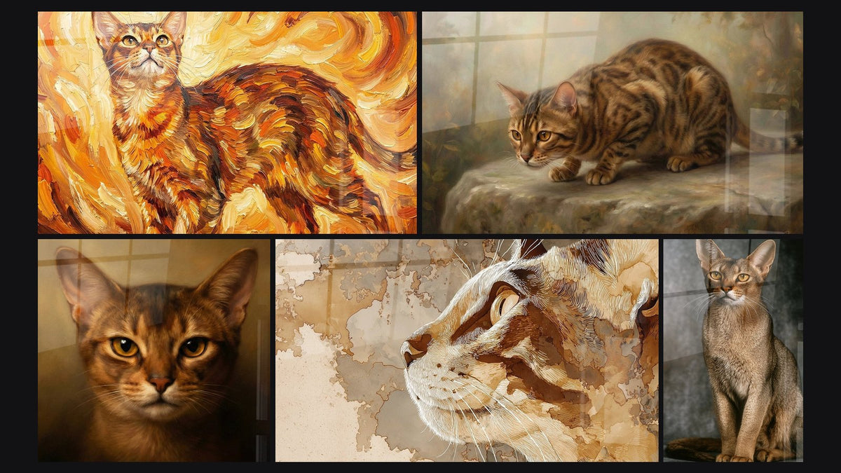Mosaïque de cinq tableaux, dont Chat Abyssin Tourbillons Dorés, Chat Abyssin Portrait et Chat aux tons dorés
