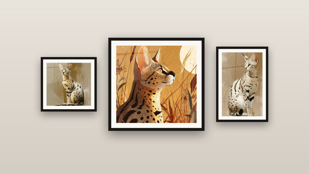 Mur de galerie avec trois tableaux encadrés, dont Chat Savannah Assis et Chat Savannah dans les Hautes Herbes