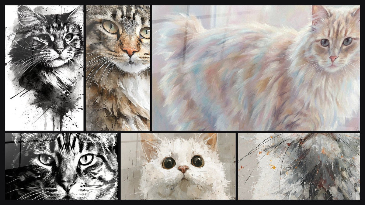 Mosaïque de six tableaux, dont Chat Aquarelle Noir et Blanc, Portrait Chat Noir et Blanc et Chat Blanc aux Grands Yeux Verts