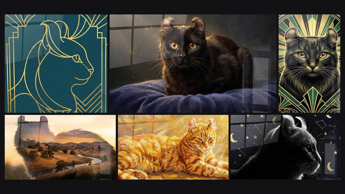 Mosaico di sei quadri, tra cui Chat Art Déco Dorata e Chat American Curl Paesaggio Dorato