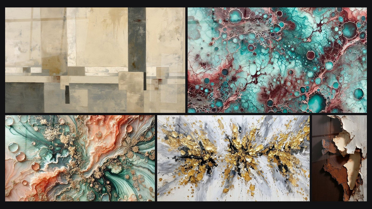 Mosaïque de cinq tableaux, dont Composition géométrique beige et gris et Rêve Coralien