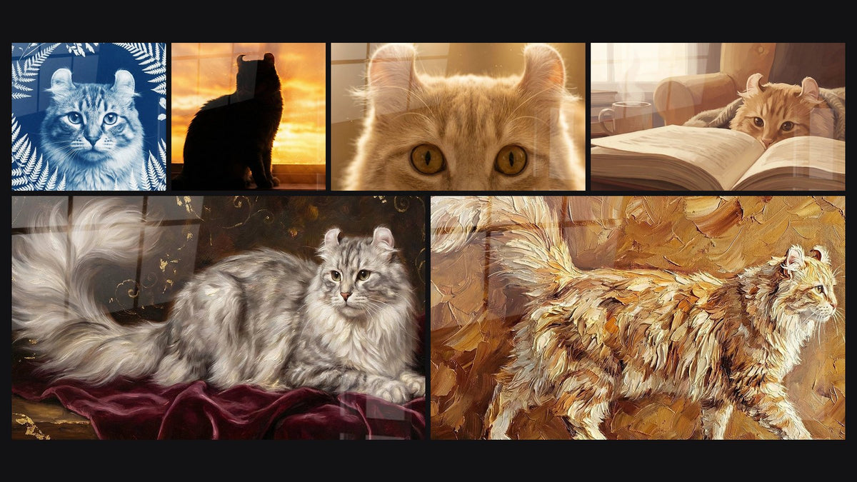Mosaïque de six tableaux, dont Chat American Curl Bleu Fougères et Chat Silhouette Coucher de Soleil