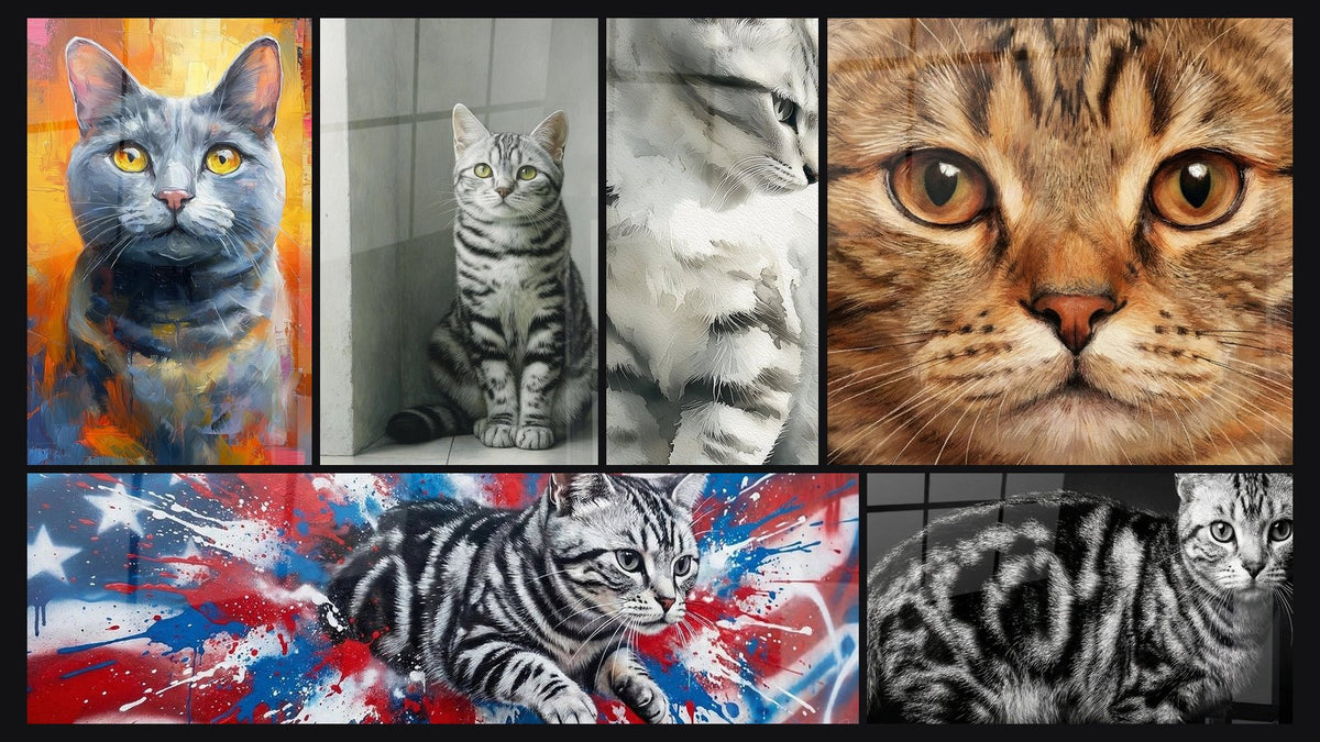 Mosaik aus sechs Gemälden, darunter Graue Katze mit goldenen Augen, Getigerte Katze Sitzend und Kätzchen-Aquarell-Tafelbild