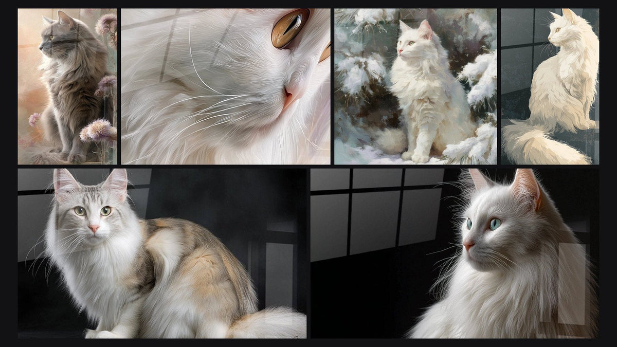 Mosaico de seis cuadros, entre ellos Gato Angora Turco con Flores Silvestres y Gato Angora Turco Retrato