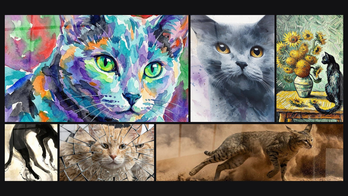Mosaico de seis cuadros, entre ellos Gato Acuarela, Gato Chartreux Acuarela y Gato Negro en Acuarela