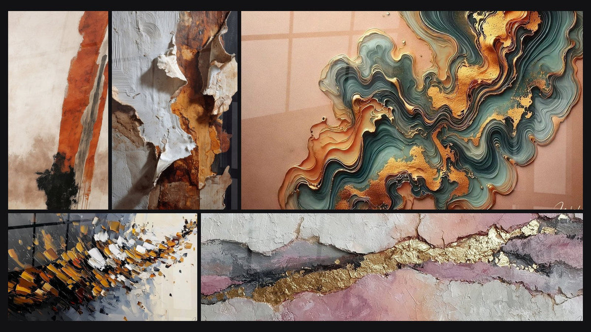 Mosaïque de cinq tableaux, dont Explosion dynamique et Onde Cuivré