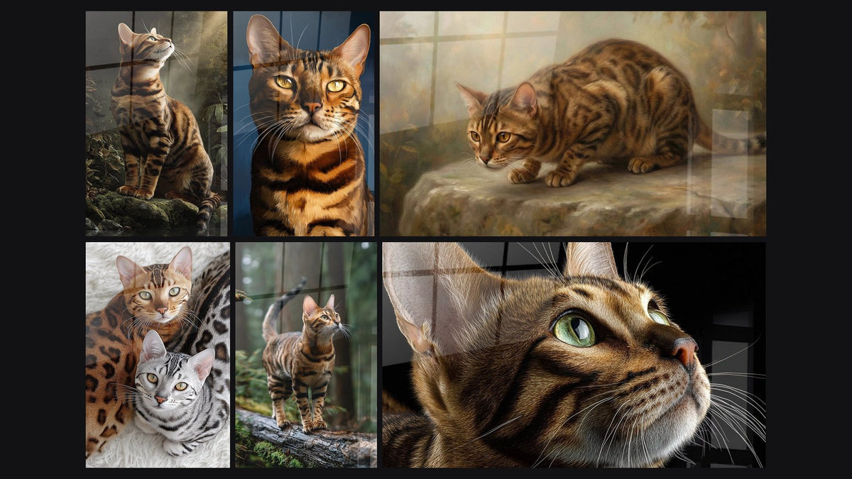 Mosaïque de six tableaux, dont Chat Bengal Contemplatif, Chat Bengal Portrait et Duo de Chats Bengal