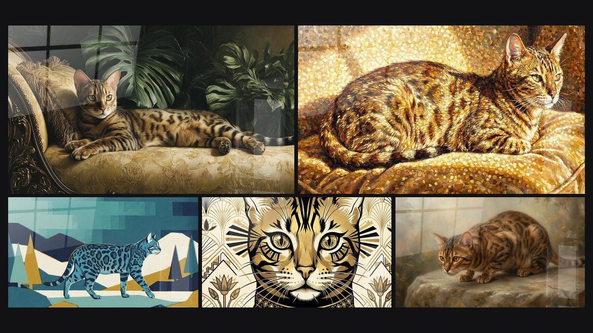 Mosaïque de cinq tableaux, dont Chat Bengal sur Canapé Luxueux, Chat Bengal Géométrique et Chat Bengal Art Deco