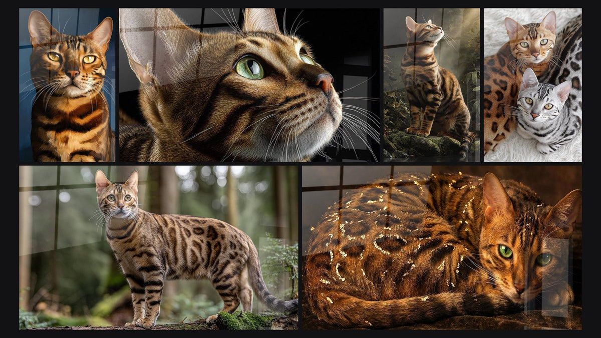 Mozaïek van zes schilderijen, waaronder Bengaalse Kat Portret, Bengaalse kat in het bos en Natte Bengaalse Kat