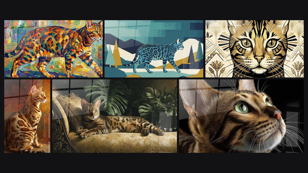 Mosaïque de six tableaux, dont Chat Bengal Expressionniste, Chat Bengal Assis et Chat Bengal sur Canapé Luxueux
