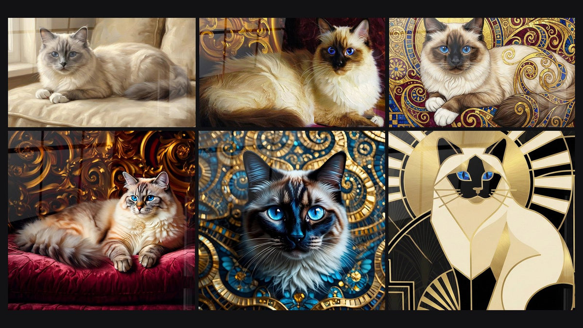 Mosaico de seis cuadros, entre ellos Gato Birmano de Ojos Azules, Gato Birmano Místico y Gato Art Deco